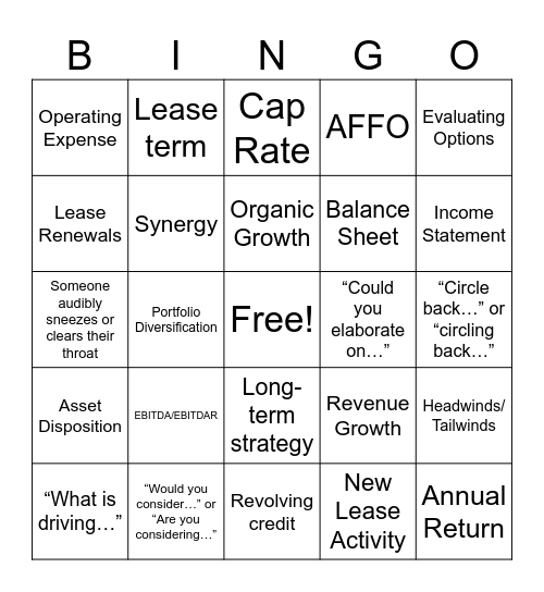 CHCT Earnings Call Bingo Card