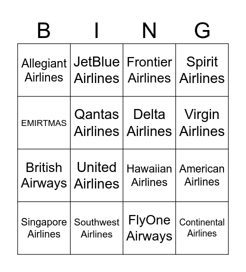 Airlines Bingo Card