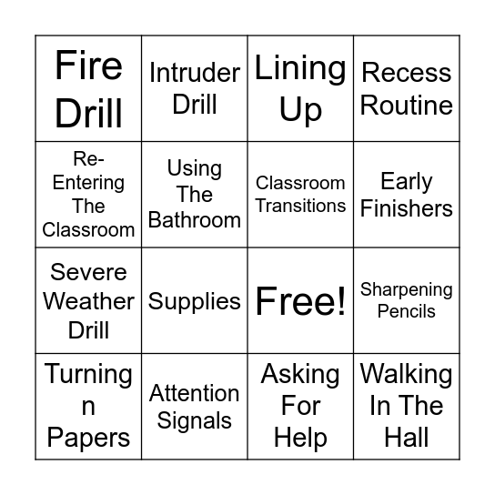 Rules and Procedures Bingo Card