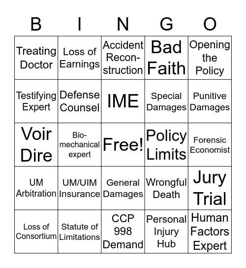 Personal Injury Bingo Card