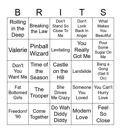British Invasion Bingo Card