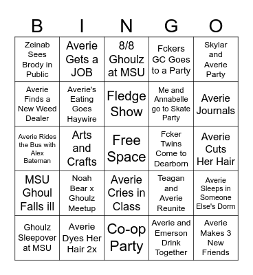 Averie's Sophomore Fall Semester Bingo Card