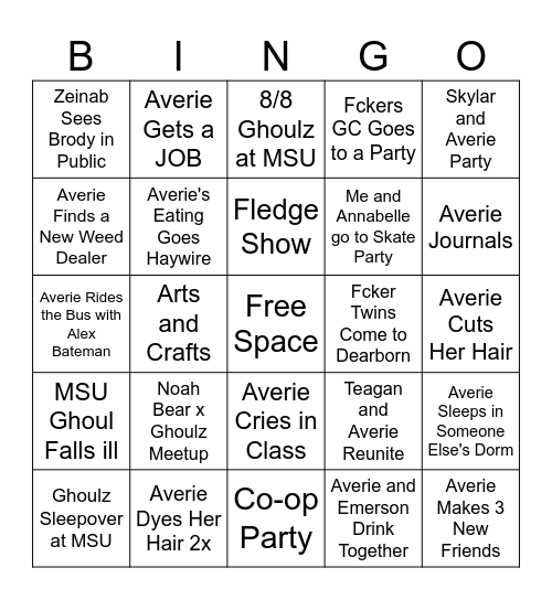 Averie's Sophomore Fall Semester Bingo Card