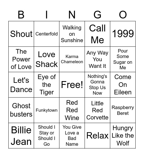 1980's Hits Bingo Card