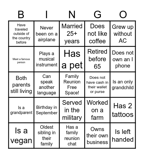 MORGAN FAMILY REUNION 2026.. Find a Relative Who. Find a person who fits the description and write their name in the square. You can only use the name once. First person with 5 in a row wins BINGO. Bingo Card