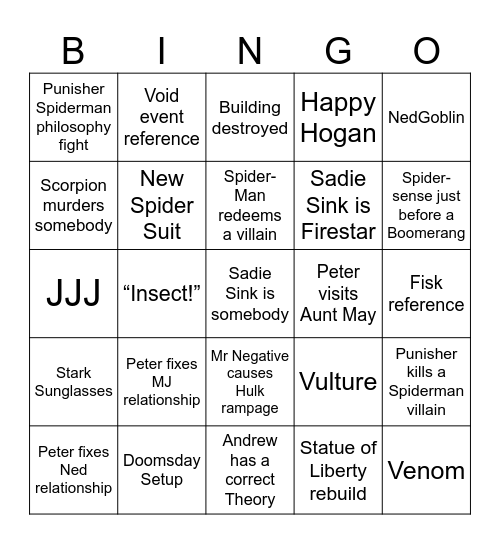 Spooder-Man Bingo Card