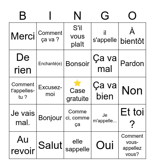 BONJOUR! Bingo Card
