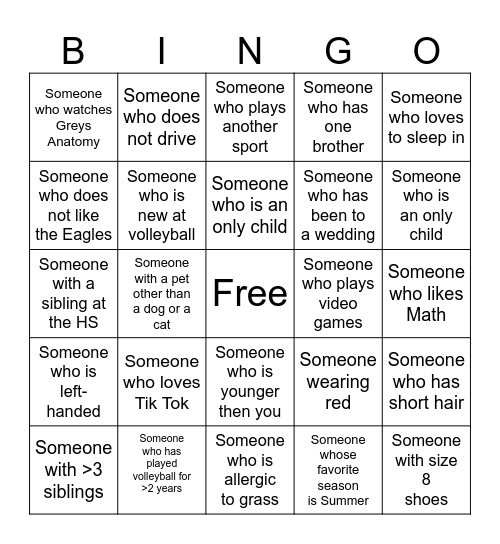 Volleyball Bingo Card