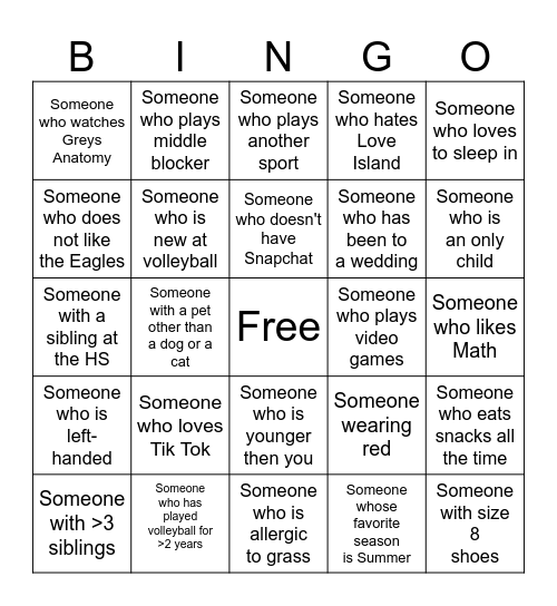 Volleyball Bingo Card