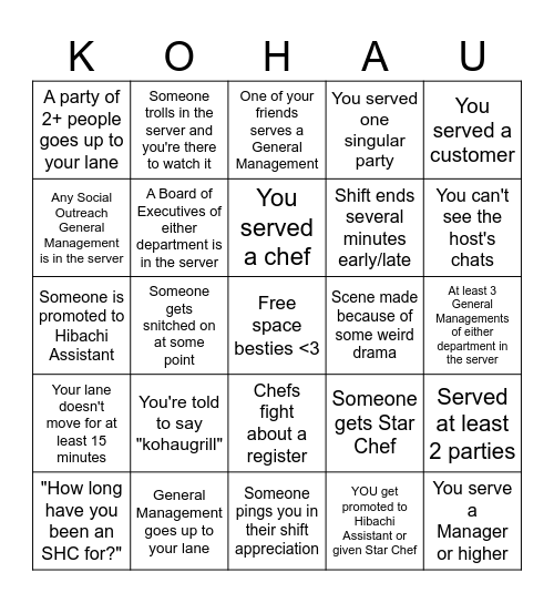 Kohaú Shift Bingo Card