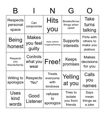 Healthy Dating Bingo Card
