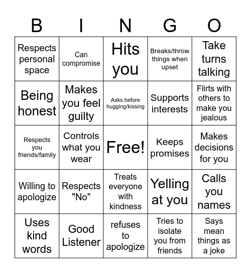 Healthy Dating Bingo Card