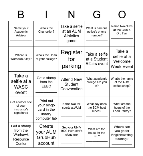UNIV 1000 Bingo Card