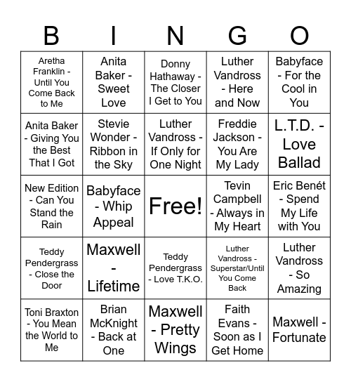R&B Bingo: Quiet Storm Bingo Card