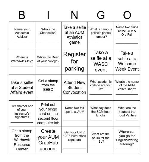 UNIV 1007 Bingo Card