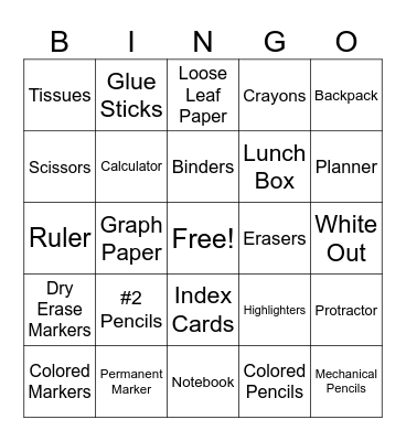 Back to School Bingo Card