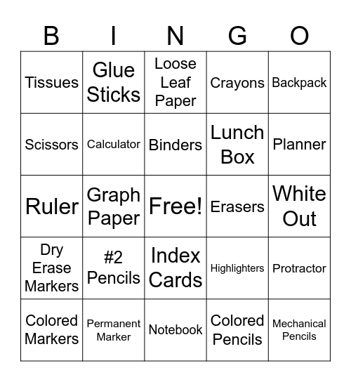 Back to School Bingo Card