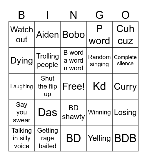 Boyfriend Bingo Card