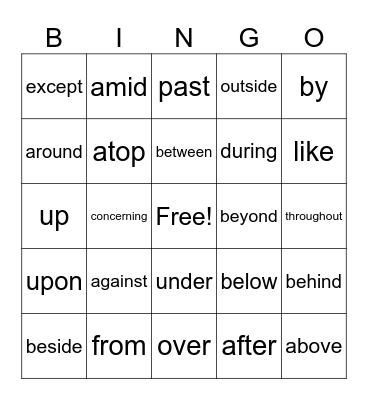 Preposition Bingo Card