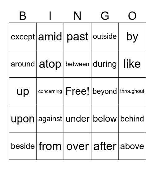 Preposition Bingo Card