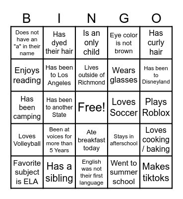 First Day Bingo Card