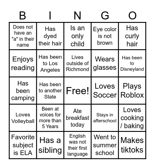 First Day Bingo Card