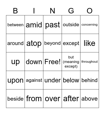 Preposition Bingo Card