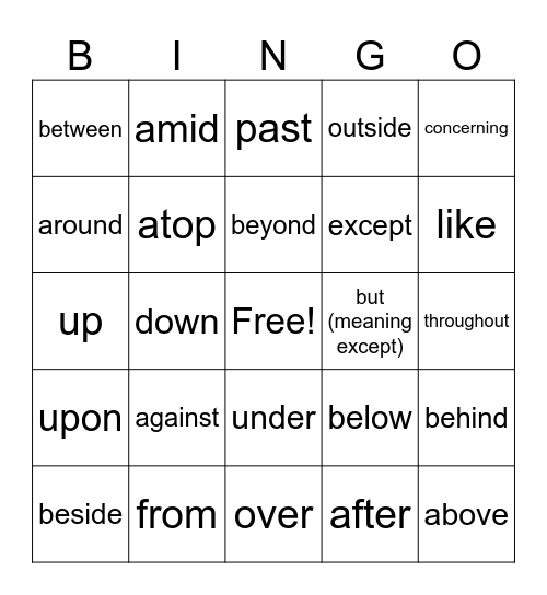 Preposition Bingo Card
