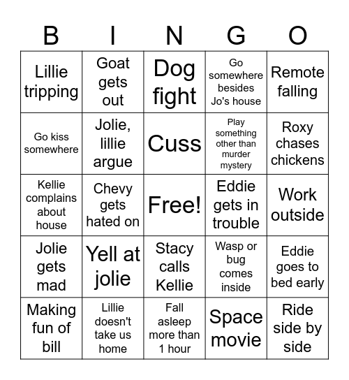 Going to Jolies House Bingo Card