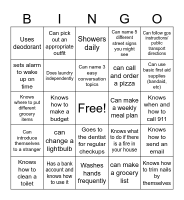 Independent Living Bingo Card