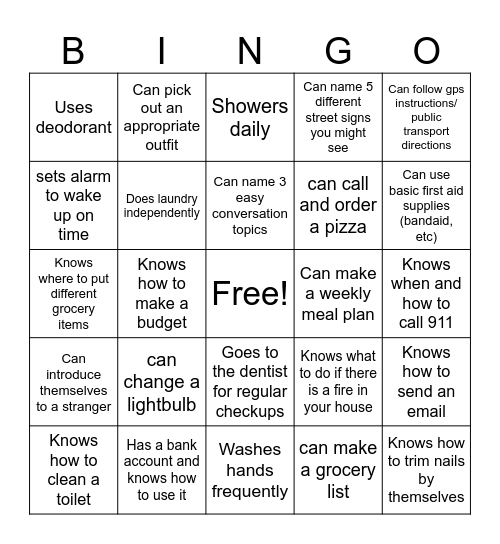 Independent Living Bingo Card