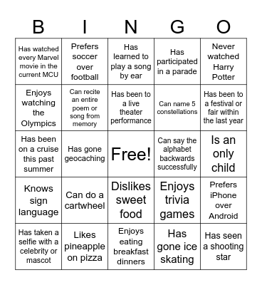 Get To Know Your Classmates Bingo Card