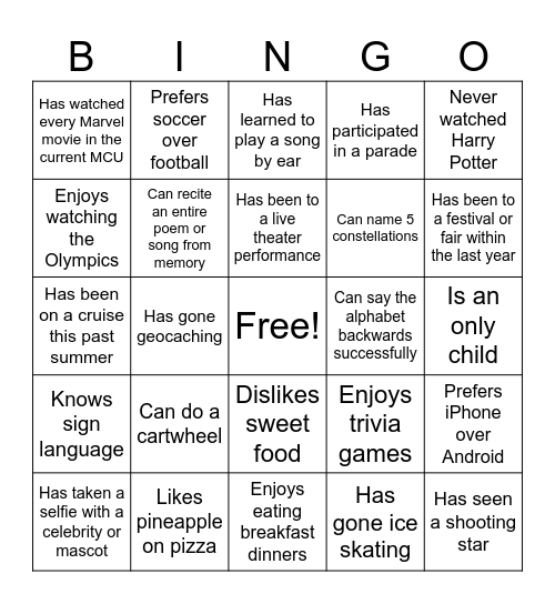 Get To Know Your Classmates Bingo Card
