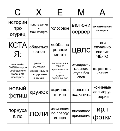 СХЕМА ЗАПОЛУЧЕНИЯ ЖЕНСКОГО ВНИМАНИЯ Bingo Card