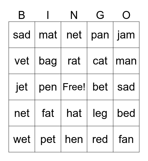 A and E CVC Words Bingo Card