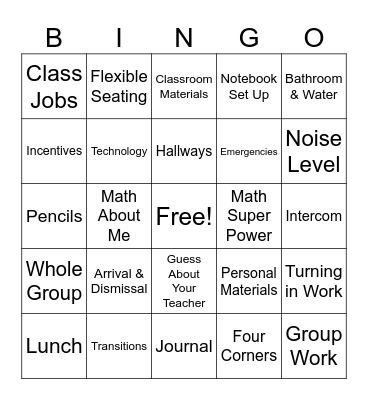 First Week of School Bingo Card