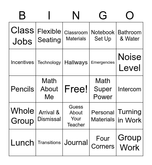 First Week of School Bingo Card