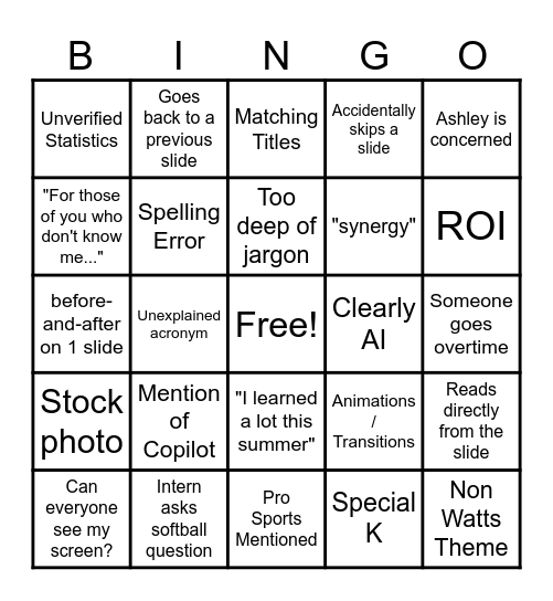 INTERN PRESENTATION Bingo Card