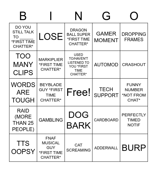 NWTB Stream Bingo Card