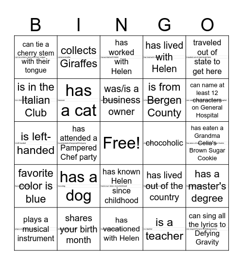 Helen BINO Bingo Card