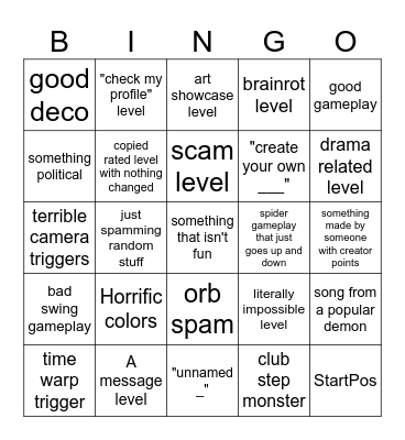 geometry dash recent tab bingo Card