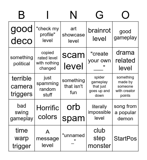 geometry dash recent tab bingo Card