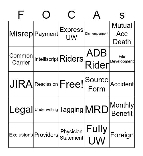 FOCAS Bingo Card