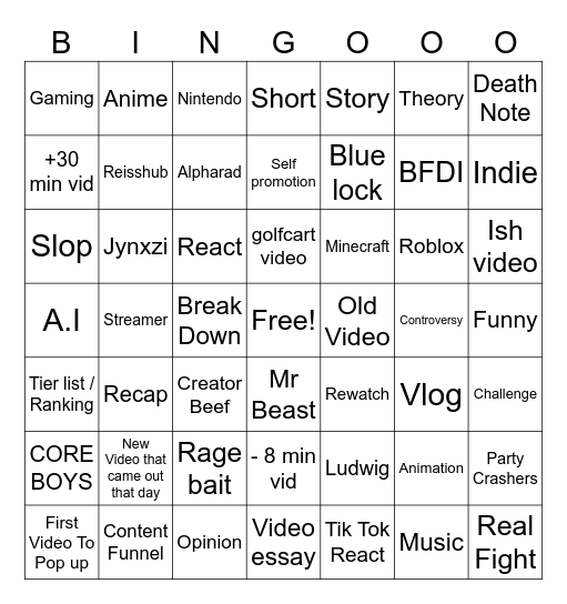 Youtube Bingo Card