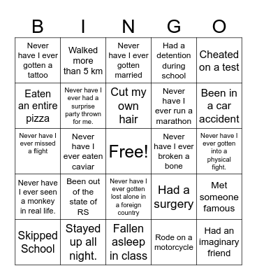 Never Have I Ever Bingo Card