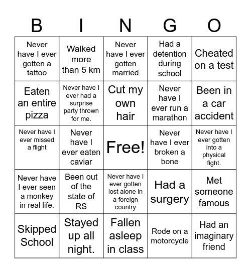Never Have I Ever Bingo Card