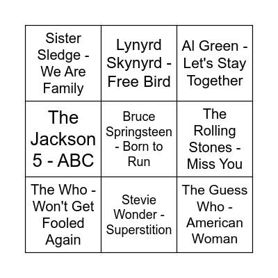 Music BINGO: 1970s Bingo Card