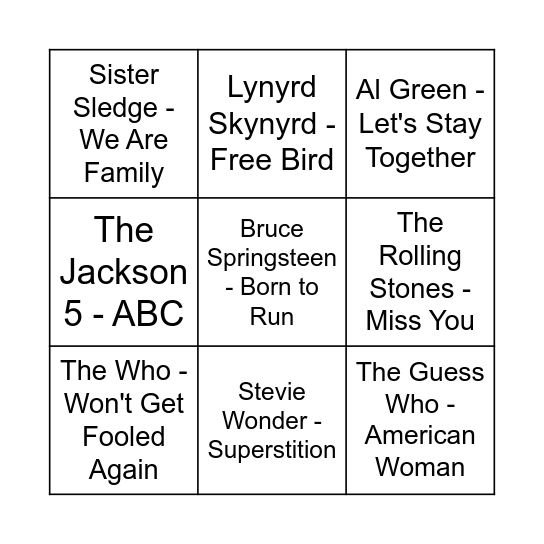 Music BINGO: 1970s Bingo Card
