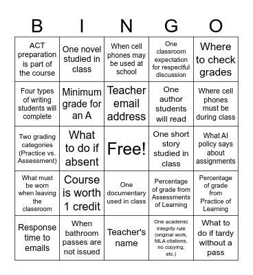 Junior English Bingo Card