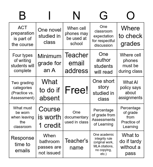 Junior English Bingo Card